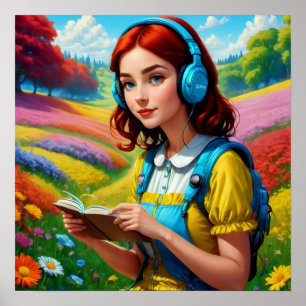 Poster Lecture fille avec casque paysage coloré