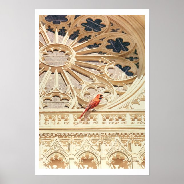 Poster L'église cardinale et l'aquarelle d'oiseaux (Devant)