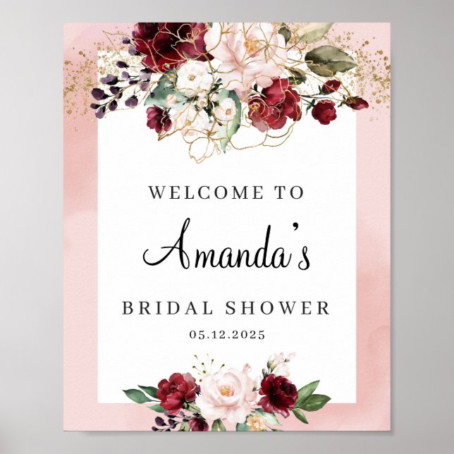 Poster L'élégant rose burgundy boho floral douche de mari (Devant)
