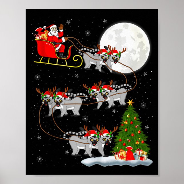 Poster Lemurs Santa Sleigh Flying Funny Magical Christmas (Devant)