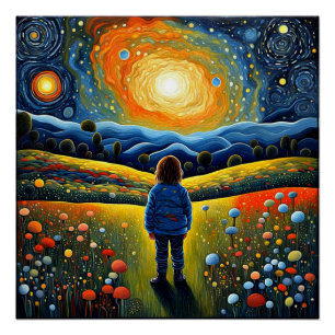 Poster L'enfant regarde le ciel étoilé et se demande