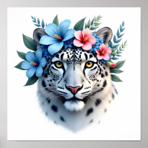 Poster Léopard des neiges avec couronne florale bleue et