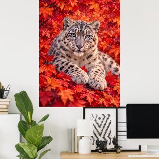 Poster Léopard des neiges sous feuilles d'érable automnal