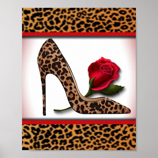 Poster Leopard haut talon et rose rouge (Devant)