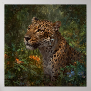 Poster Léopard peint avec des papillons dans la nature