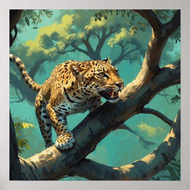 Poster Leopard unique sur branche d'arbre dans la peintur (Devant)