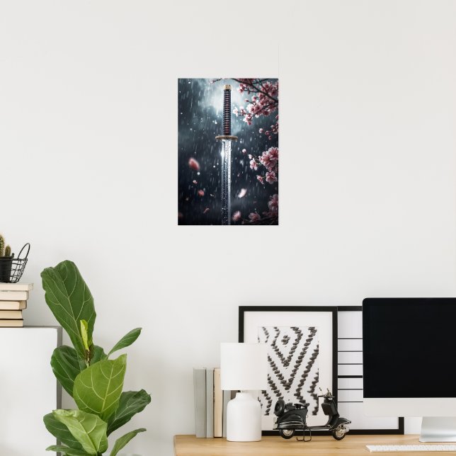 Poster L'épée de Katana avec des fleurs de Sakura dans la (Bureau à domicile)
