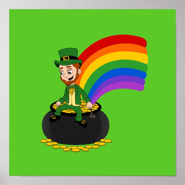 Poster Leprechaun de dessin animé assis sur une casserole (Devant)