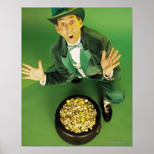 Poster Leprechaun excité avec pot d'or