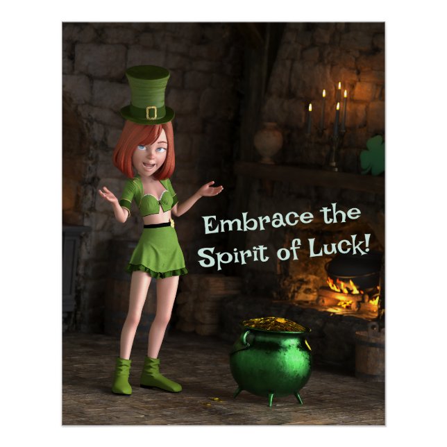 Poster Leprechaun Toon Girl à côté du pot d'or (Devant)