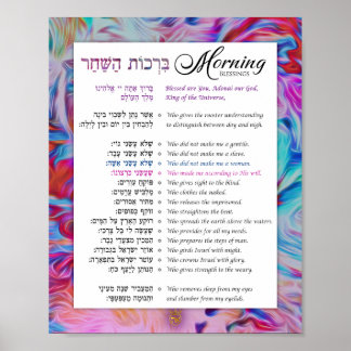Poster Les 15 Bénédictions du matin Art hébreu anglais