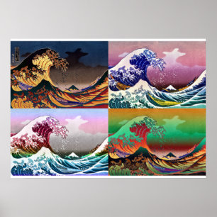 Poster Les 4 grandes vagues de Kanagawa