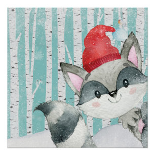 Poster Les amis des animaux des forêts d'hiver - Racoon