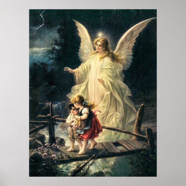 Poster Les Anges de la protection et deux enfants sur la  (Devant)