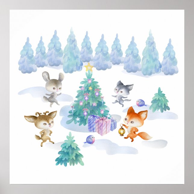Poster Les Animaux De Forêt Dansant Autour De L'Arbre De  (Devant)