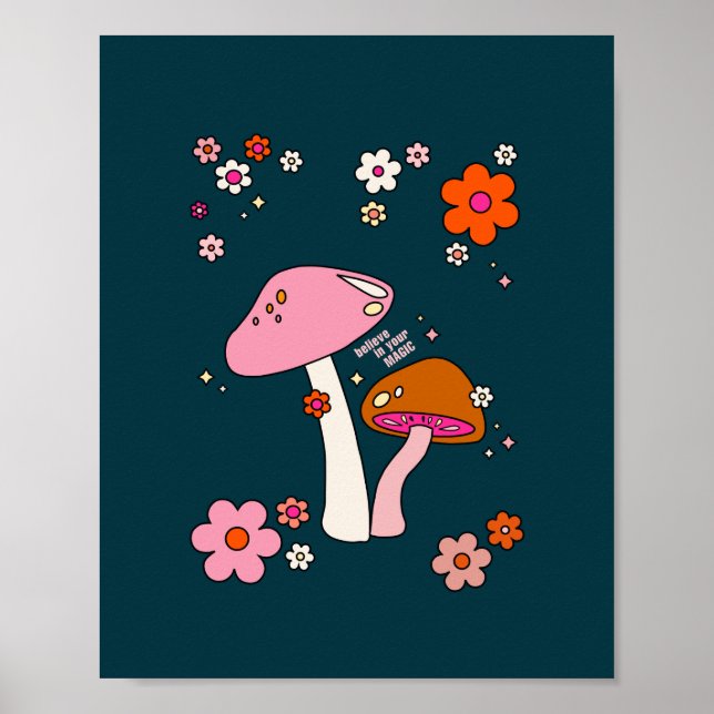 Poster Les années 70 Champignons Rétro Et Fleurs Bleu Mar (Devant)
