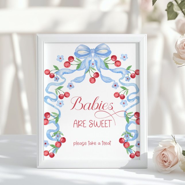 Poster Les bébés sont Baby shower Cerise Bleu Bow doux (Créateur téléchargé)