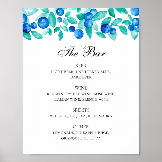 Poster Les bleuets. Menu du bar à boissons mariage bleu e (Devant)
