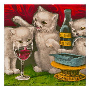 Poster Les chatons boivent et mangent du poisson sardine