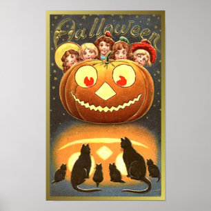 Poster Les chats observent les enfants et les Citrouilles