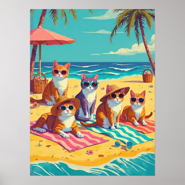 Poster Les chats se prélassent sur la plage (Devant)