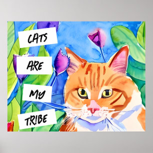 Poster Les chats sont ma tribu Chat orange et fleurs