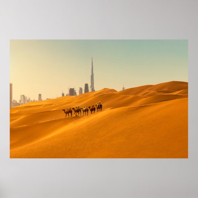 Poster Les déserts | Vue Skyline de Dubaï avec chameaux (Devant)