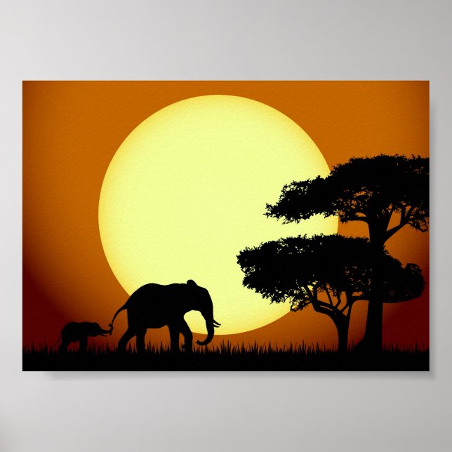 Poster Les éléphants Safari au coucher du soleil (Devant)