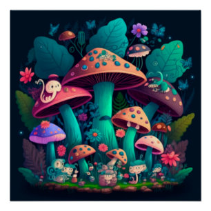 Poster Les elfes de champignons dans le champ