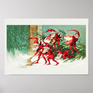 Poster Les elfes de père Noël balayent la neige