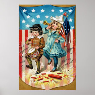 Poster Les enfants défilent Drapeau Américain Vintage 4 j