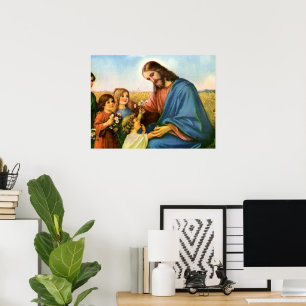 Poster Les enfants vintages apportent des fleurs à Jésus-