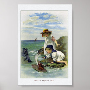 Poster Les enfants vintages ont mis la poupée à la mer