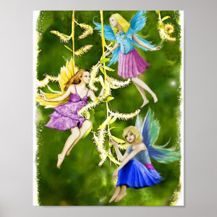 Poster Les fées d'arbres sur le saule qui pleut