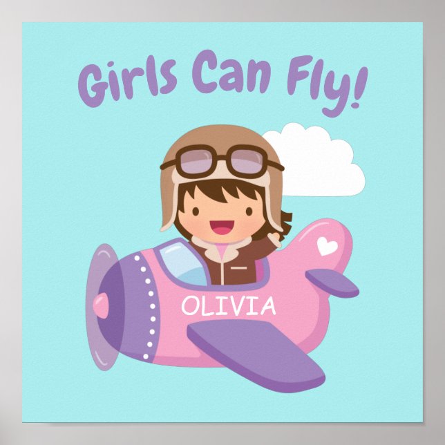 Poster Les filles peuvent voler Aviatrice mignonne Avion (Devant)