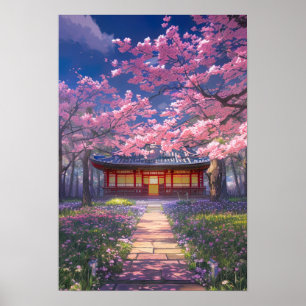 Poster Les fleurs de cerisiers et un temple traditionnel