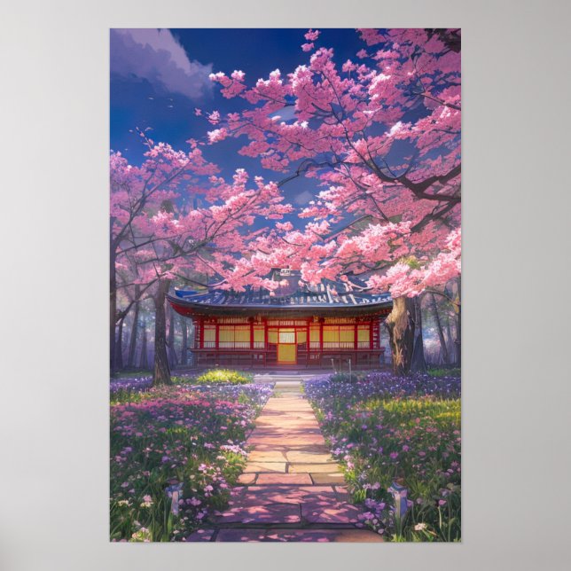 Poster Les fleurs de cerisiers et un temple traditionnel (Devant)