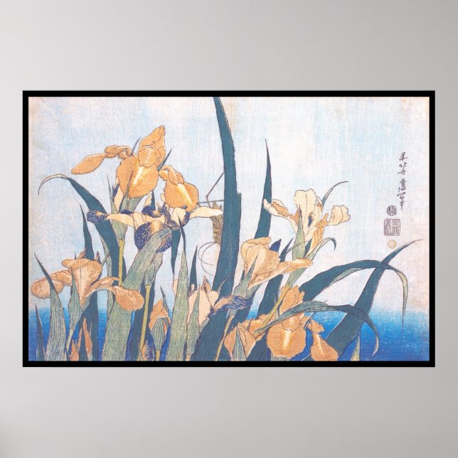 Poster Les fleurs d'Irises et de Grasshopper Katsushika H (Devant)