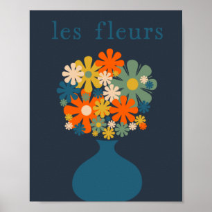 Poster Les Fleurs joyeuses Fleurs rétro en bleu Vase
