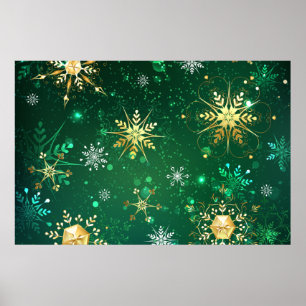 Poster Les flocons dorés de Noël sur l'Arrière - plan ver