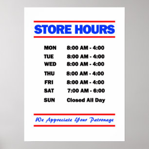 Poster Les horaires du magasin de signe