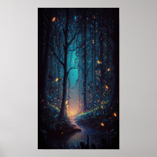 Poster Les lucioles magiques dans la forêt