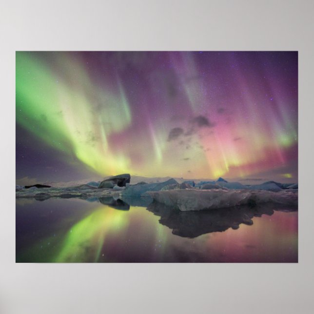 Poster Les lumières d'Aurora se reflètent dans la lagune (Devant)
