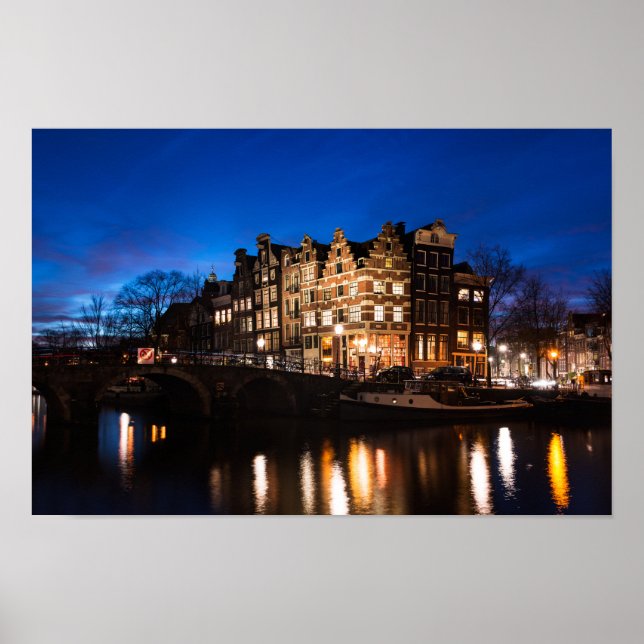 Poster Les maisons du canal d'Amsterdam la nuit (Devant)