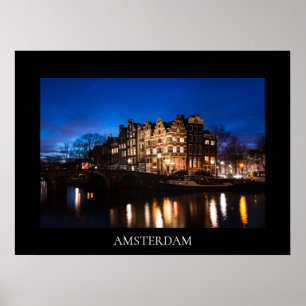 Poster Les maisons du canal d'Amsterdam la nuit