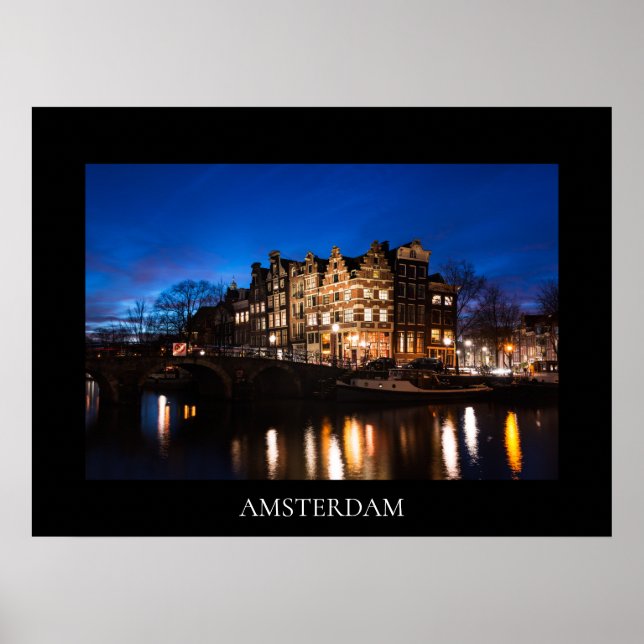 Poster Les maisons du canal d'Amsterdam la nuit (Devant)