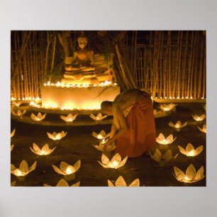 Poster Les moines allument des bougies et des lanternes d