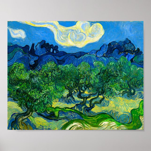 Poster Les oliviers de Van Gogh dans un paysage montagneu (Devant)