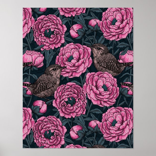 Poster Les pivoines et les brins sur gris foncé (Devant)