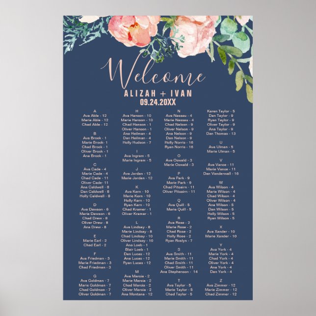 Poster Les pivoines romantiques | Carte de siège alphabét (Devant)
